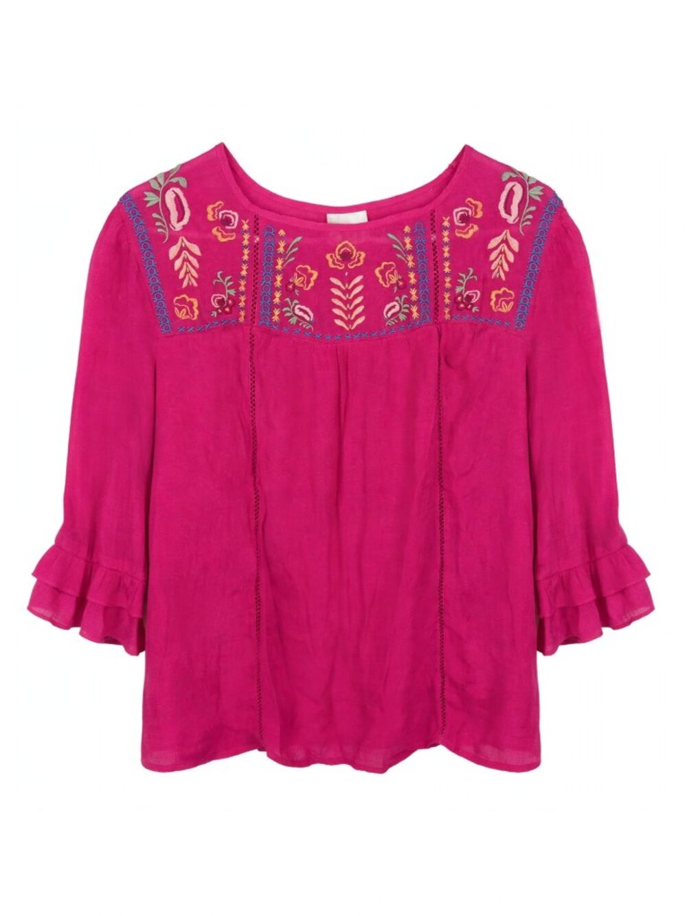 Fig and Flower Pink Embroidered Boho Bohemian 3/4 Bell Sleeve 2x Blouse Top
